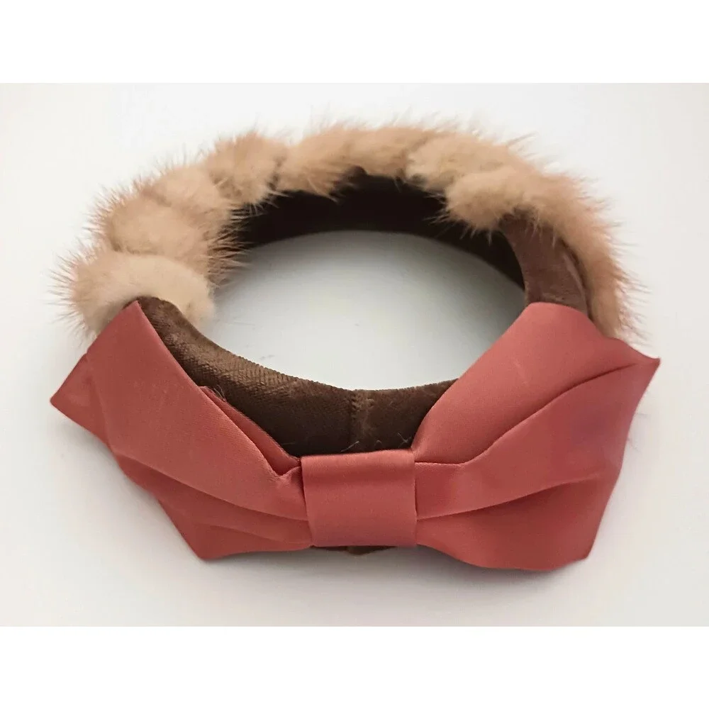 VTG Mink / Velvet Circle Hat Bronze Satin Bow Open Crown O/S
